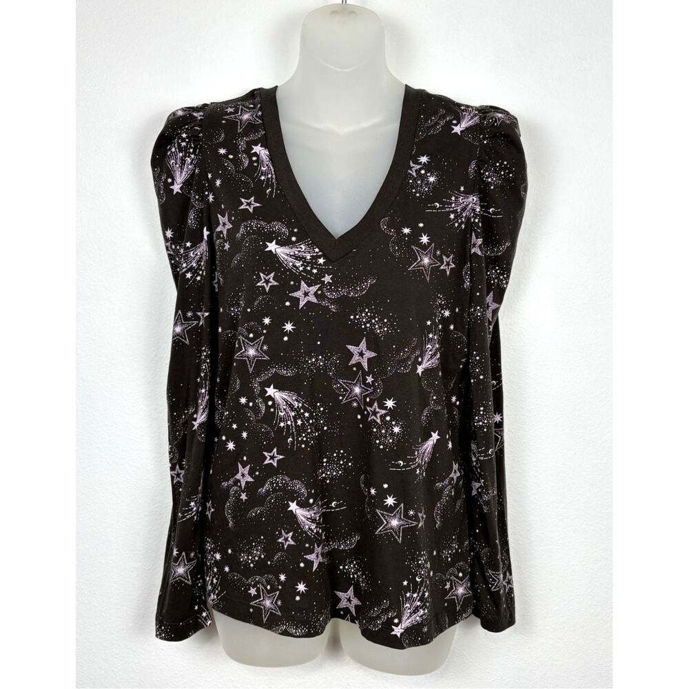 Chaser Starburst Galaxy Moon Print Puff Long Sleeve V-Neck Tee Top Size S NWT